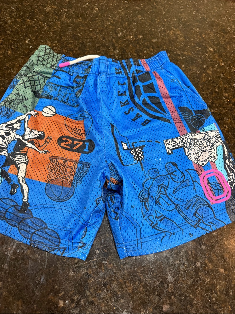 Kids Blue Graphic Basketball Shorts with Multicolor Prints